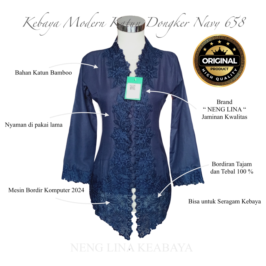 [TERMURAH] Kebaya Modern Katun Dongker Navy 658 Encim - Neng Lina Kebaya