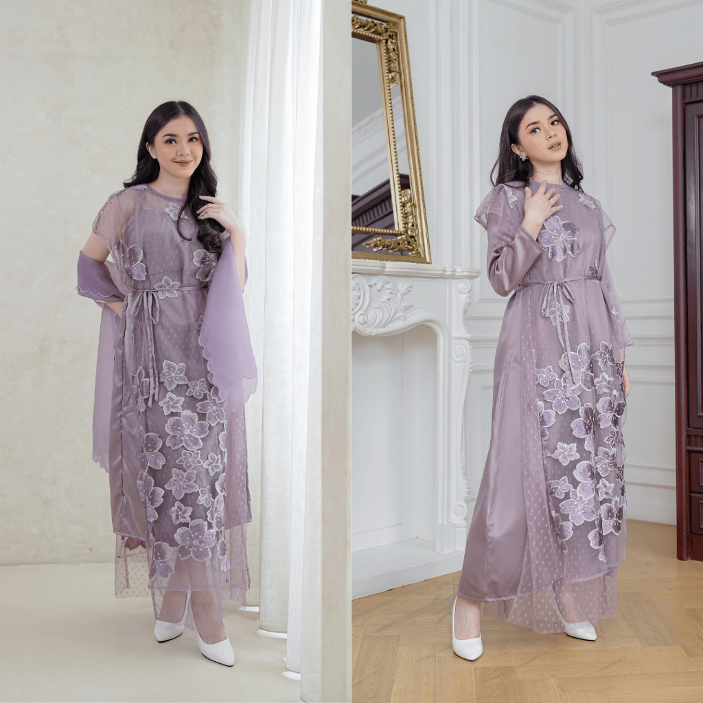 NAMELIS Taylor Dress - Party Dress Tile Floral Lilac Mauve Lavender untuk Pesta Kondangan Lamaran Tu