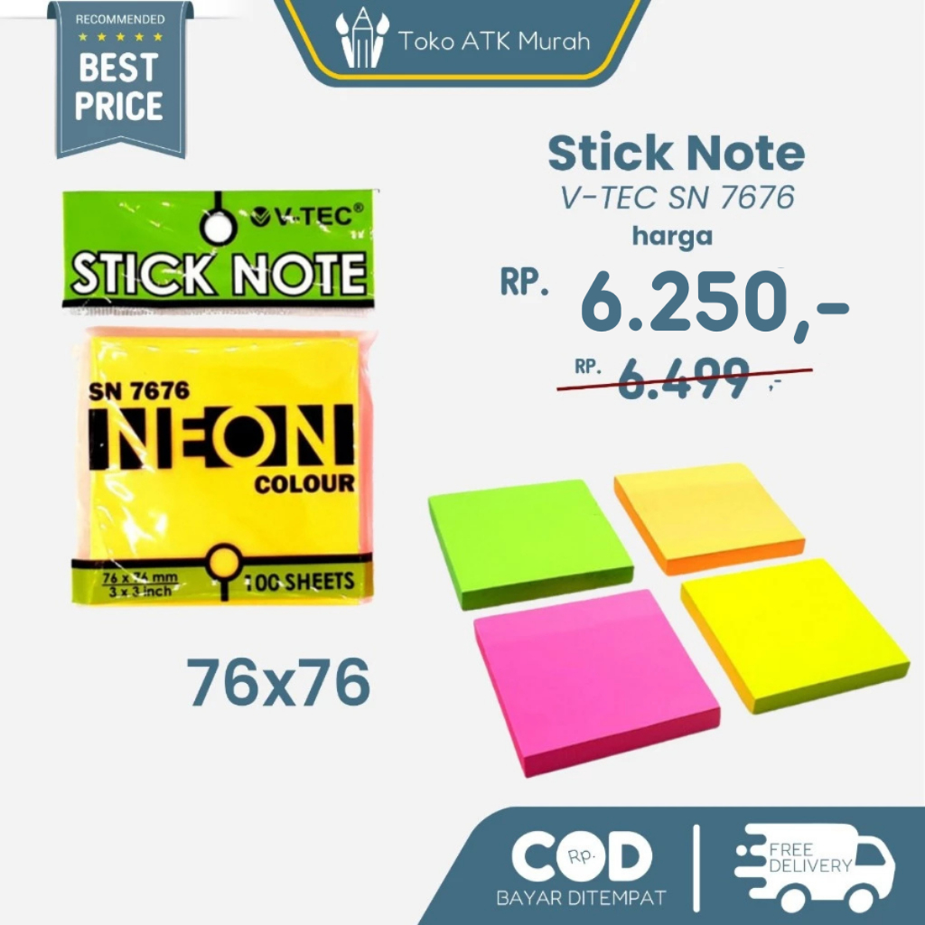 

Stick Note V-TEC SN 7676 No. 654 Sticky Notes 76 x 76 mm Memo Color