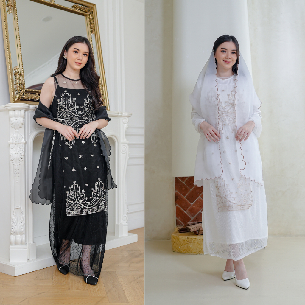 NAMELIS Patricia Dress - Party Dress Tile Bordir Black White Mewah untuk Pesta Kondangan Lamaran Tun