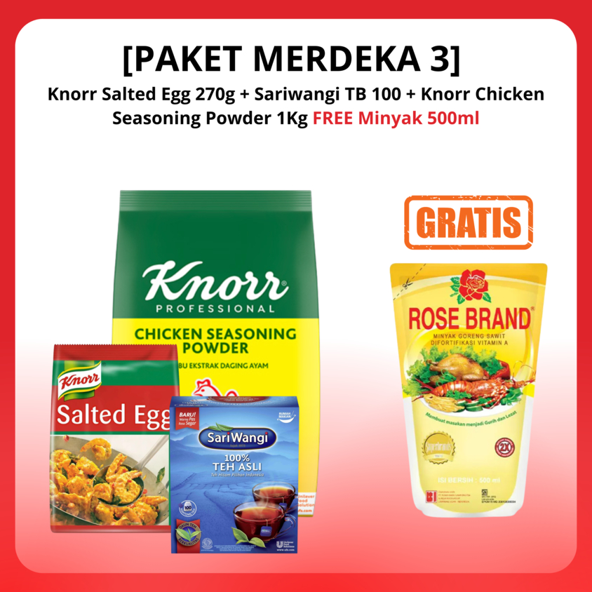 

[PAKET MERDEKA 3] Knorr Salted Egg 270g + Sariwangi TB 100 + Knorr Chicken Seasoning Powder 1Kg FREE Minyak 500 ml