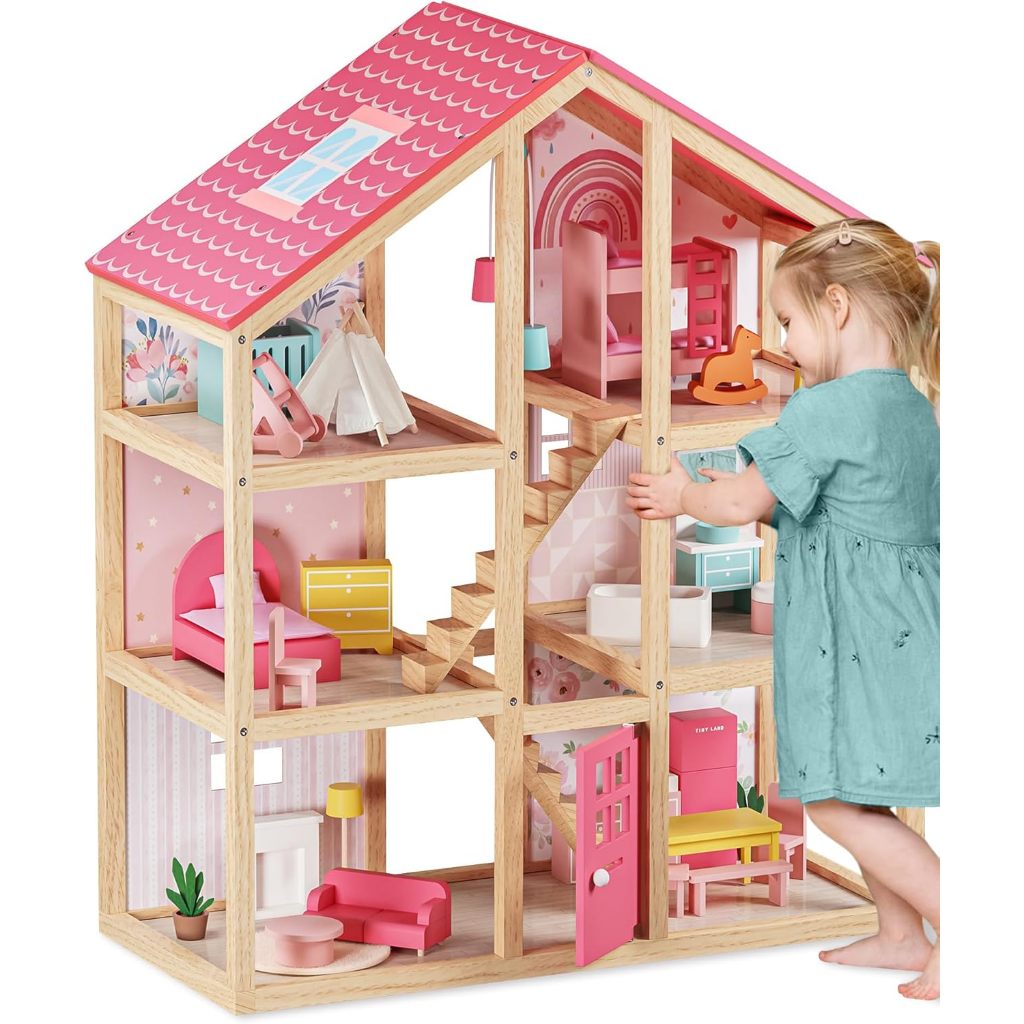 Tiny Land Wooden Dollhouse for Girls - 6 Rooms Wooden Doll House, DIY Pretend Doll House