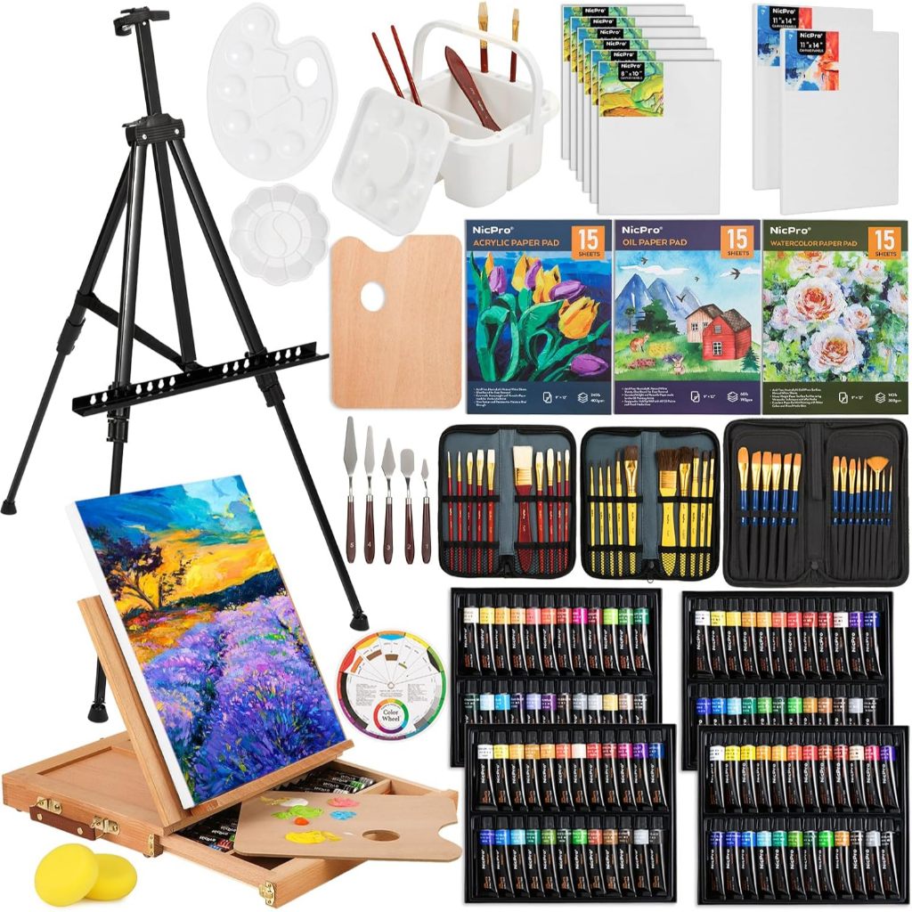 

Nicpro 158PCS Deluxe Art Painting Kit with Metal and Solid Beech Wood Easel, Acrylic, Oil