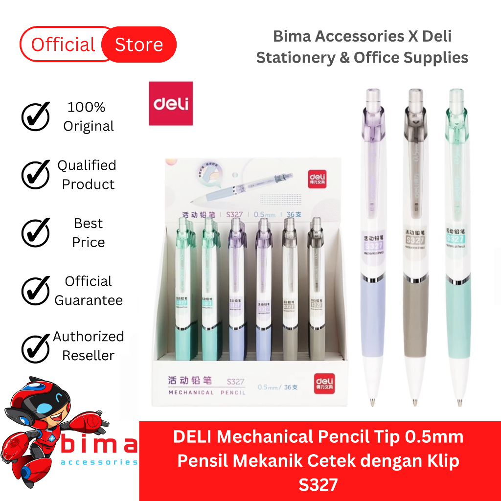 

DELI Pensil Mekanik 0.5 Mechanic Mechanical Pencil Tip 0.5mm with Clip dengan Klip S327
