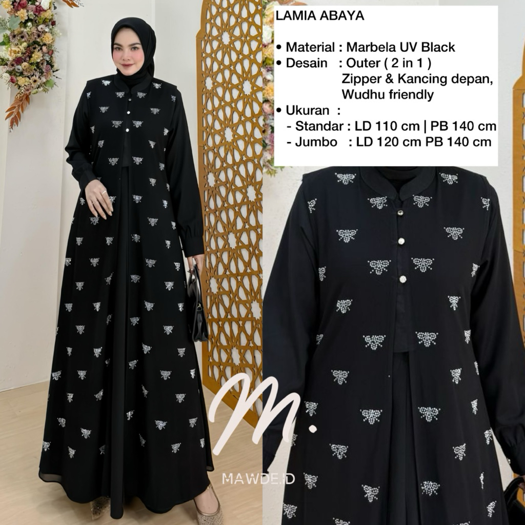 MAWDE-Gamis Abaya Hitam Turkey-Outer-Lamia Abaya-Marbela UV Black-Payet-Jumbo-Standar