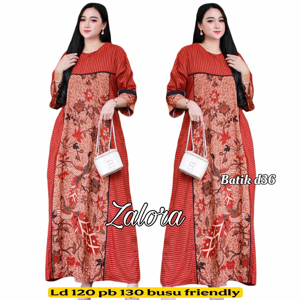 (Alesha) LD 120 Maxi Dress Zalora Rayon Premium Busui Friendly motif batik salur daun lengan 3/4