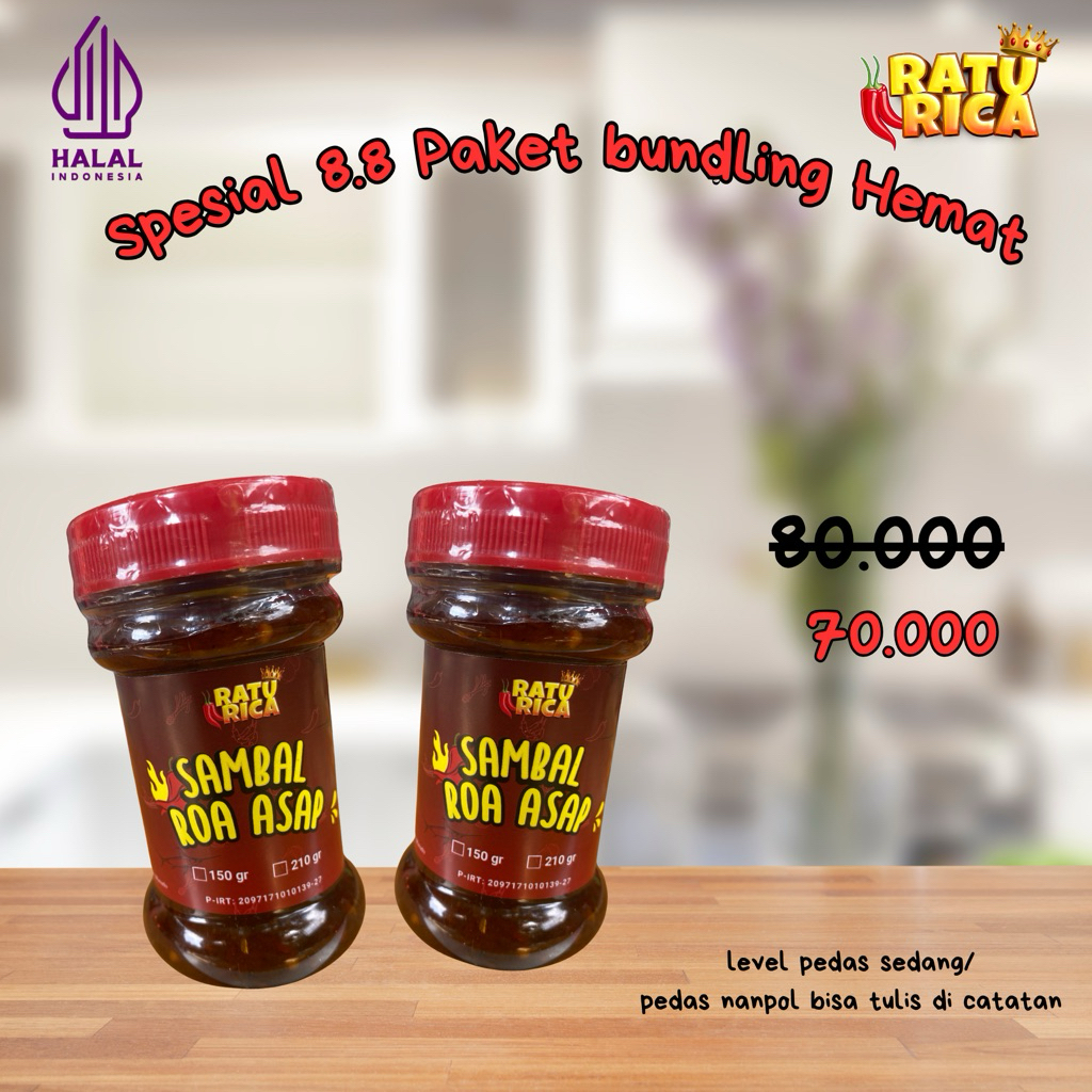 

ratu rica spesial 8.8 paket bundling hemat 2 pcs sambal roa kemasan 150 gram