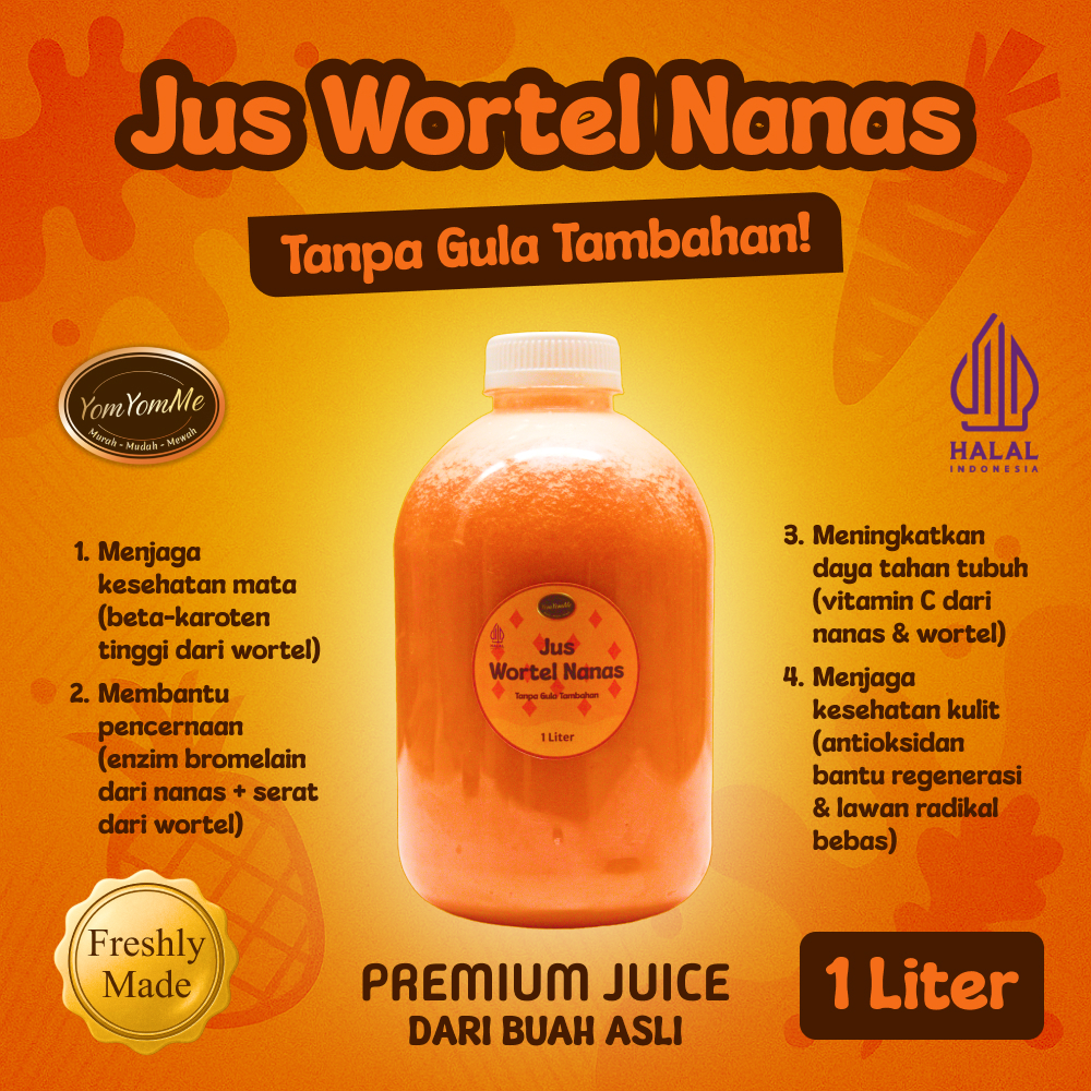

Jus Wortel Nanas 1 Liter (1L) – Jus Premium dan Kental Dari Buah Asli Tanpa Gula Tambahan - Segar, Manis Alami, Perpaduan Sehat Buah & Sayur - YomYomMe Drinks