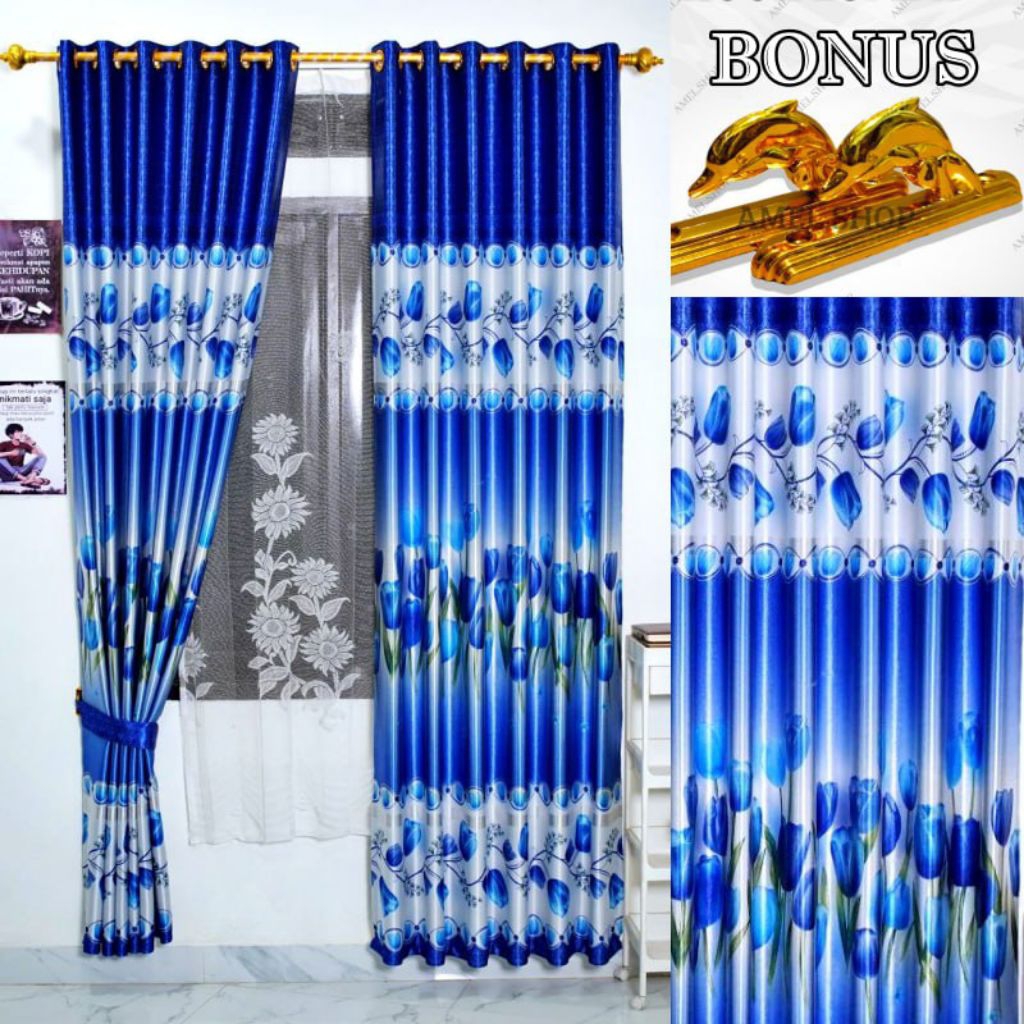 Gorden Jendela Panjang Kain Blackout Tebal Glossy Motif Bunga Tulip Mewah