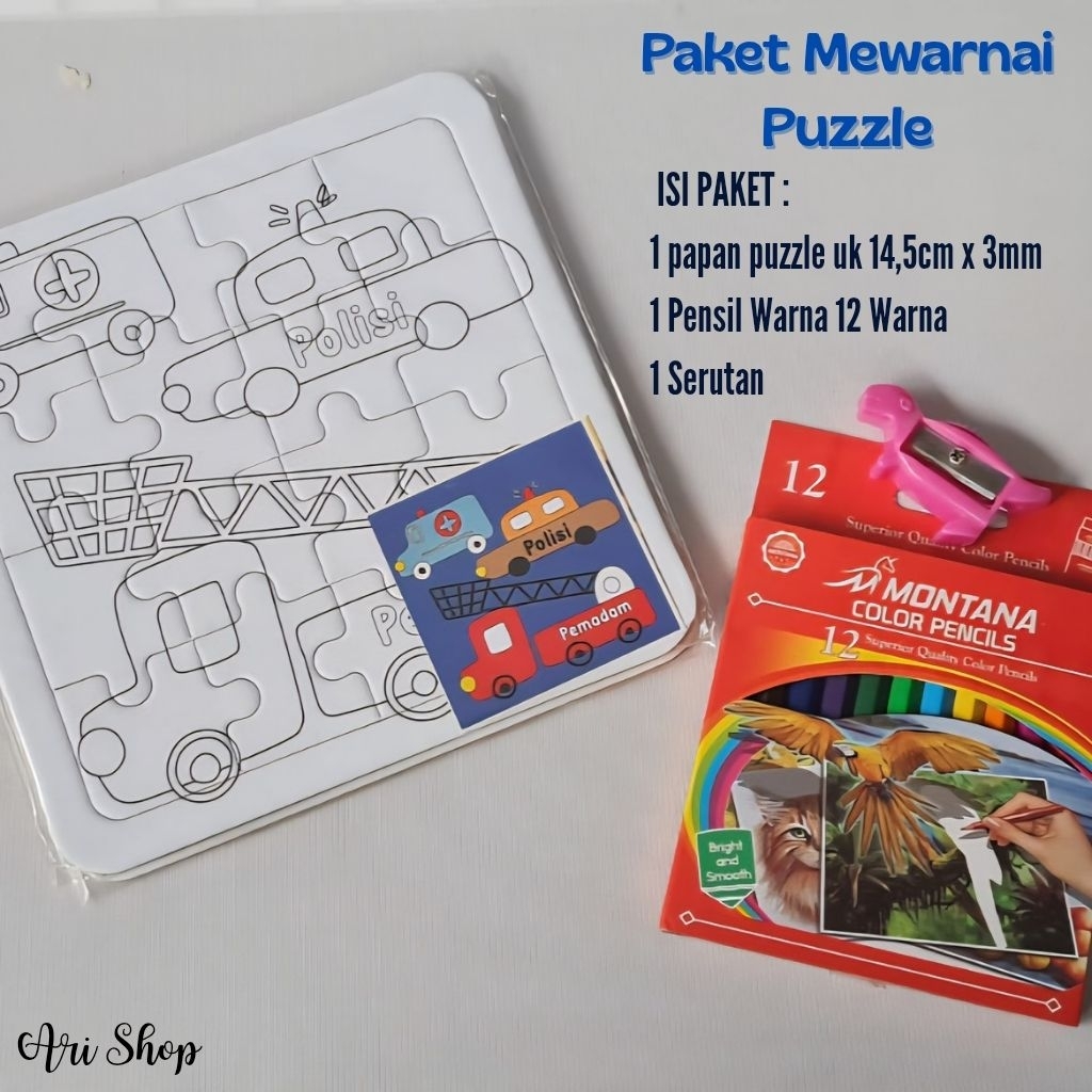 

Paket Mewarnai Puzzle Sudah Termasuk Pensil Warna 12 Warna dan Serutan