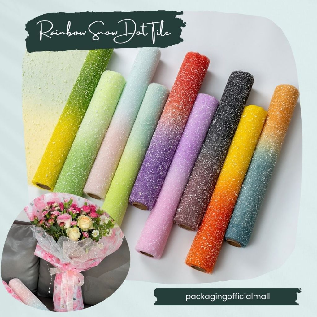

RAINBOW SNOW DOT TILE / COTTON ROLL / KERTAS BUKET BUNGA / KAIN BUKET / CELLOPHANE