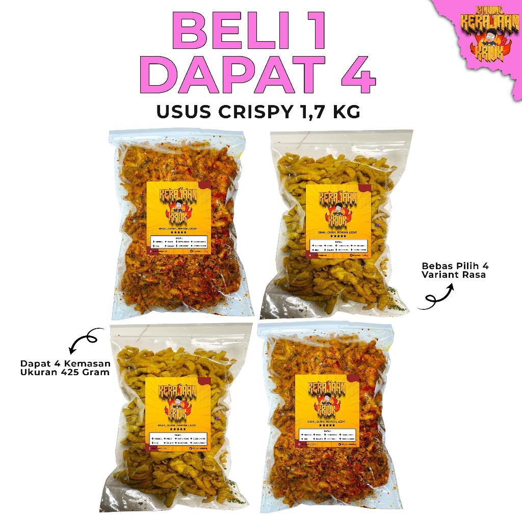 

KERAJAANKRIUK - (Bundling 4 USUS CRISPY) Kripik Usus Rasa Original 425gr Pedas 425gr Balado 425gr Bumbu Melimpah Bebas Pilih 4 Varian