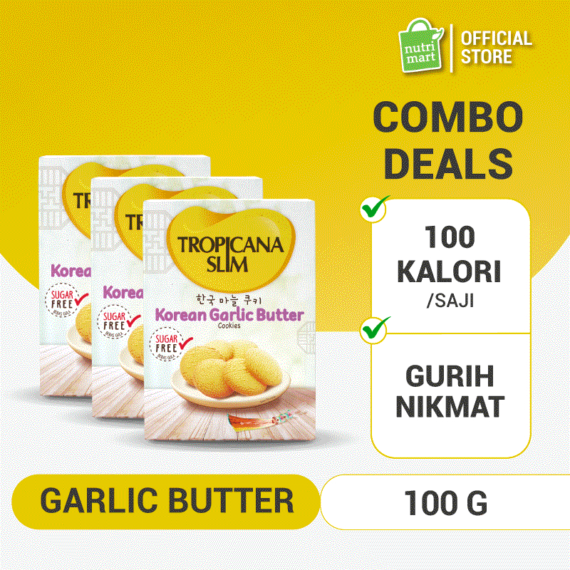 

Triple Pack - Tropicana Slim Korean Garlic Butter Cookies (5 Sachet) - Snack Biskuit Diet Rendah Kalori Bebas Gula