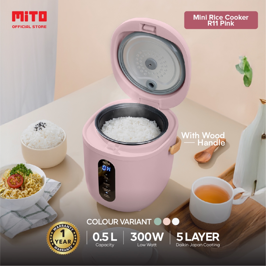 Mito R11 Mini Rice Cooker 0,5L Handle Kayu - Putih dan Pink