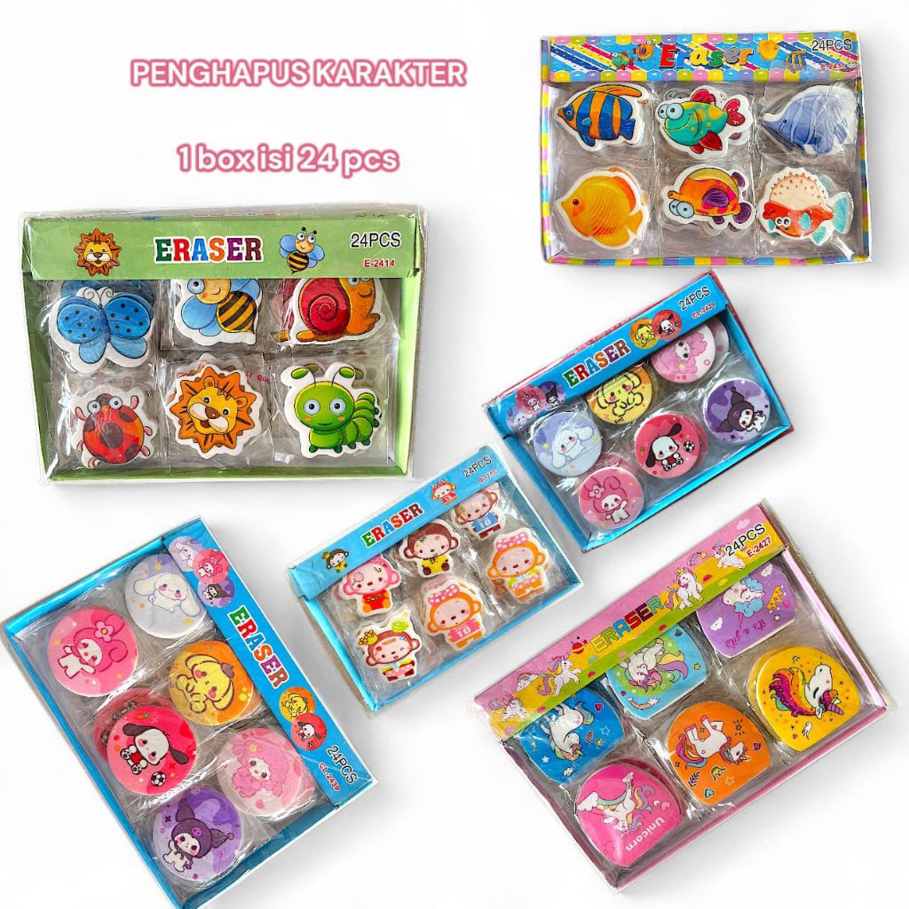 

24 pcs Penghapus Karakter Lucu – Eraser Bentuk Kartun Unik & Imut