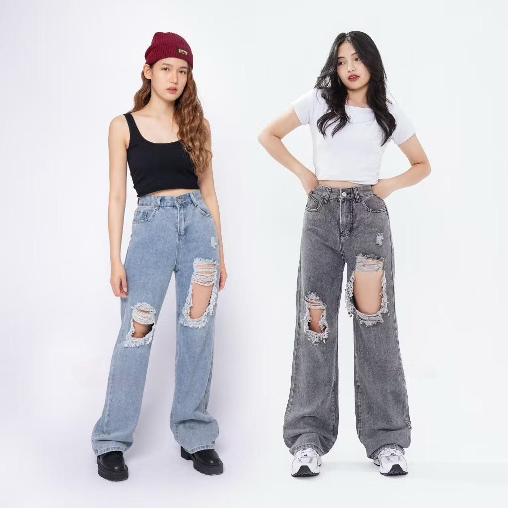 Celana Wanita Highwaist Baggy Ripped Jeans Sobek