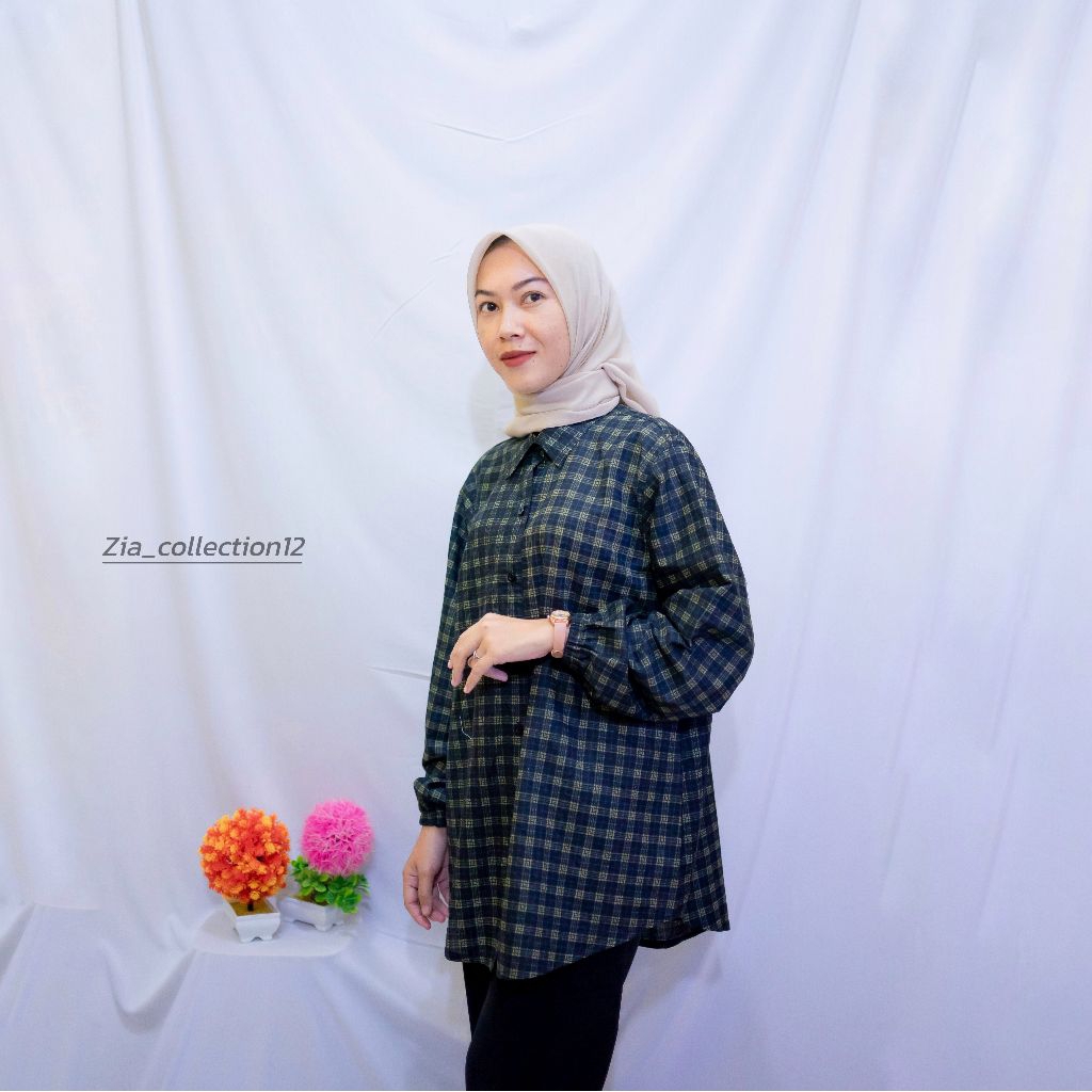 Kemeja Muslimah Wanita motif kotak - Kemeja Oversize Lengan Balon Elegan Hijab Style