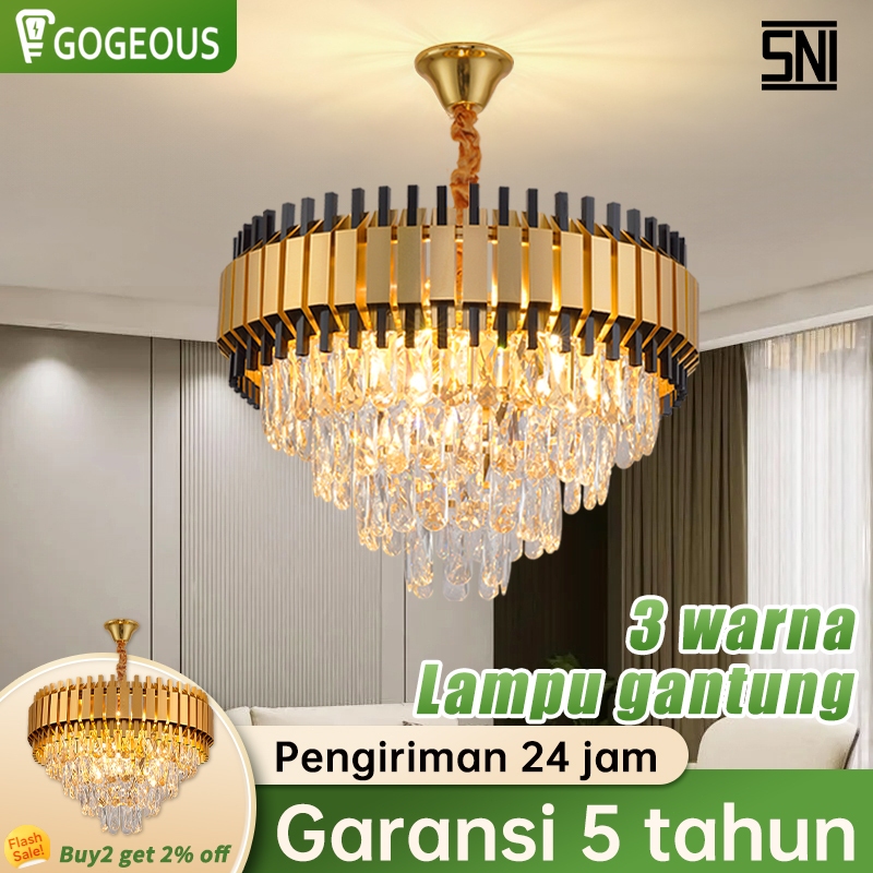 Lampu Gantung Kristal Tamu Mewah Emas 50CM 3 Warna LED Ruang Tamu Lampu Gantung Kristal Hias