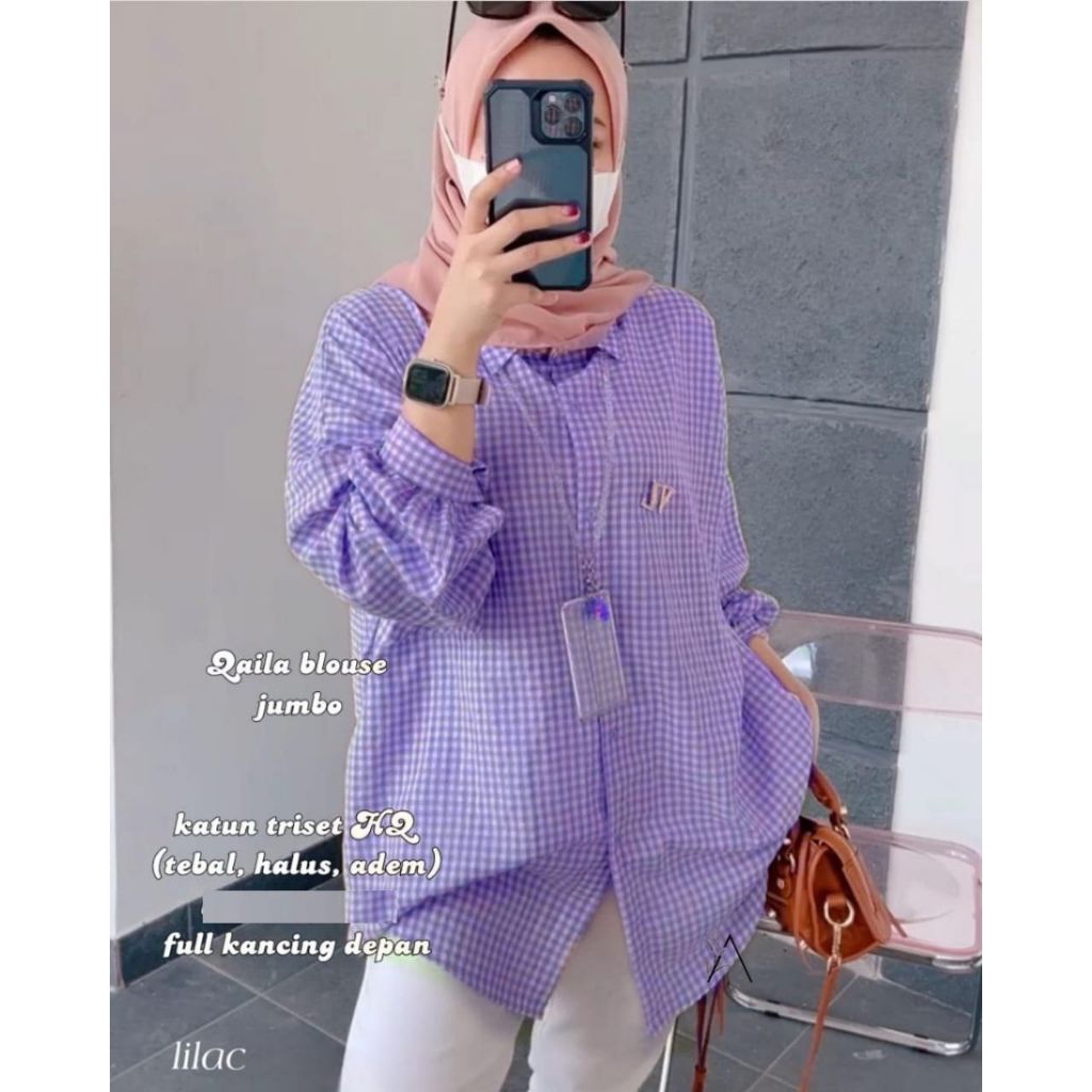 Kemeja Wanita Kotak Kotak Bahan Katun Triset Lengan Panjang Qaila Blouse Jumbo