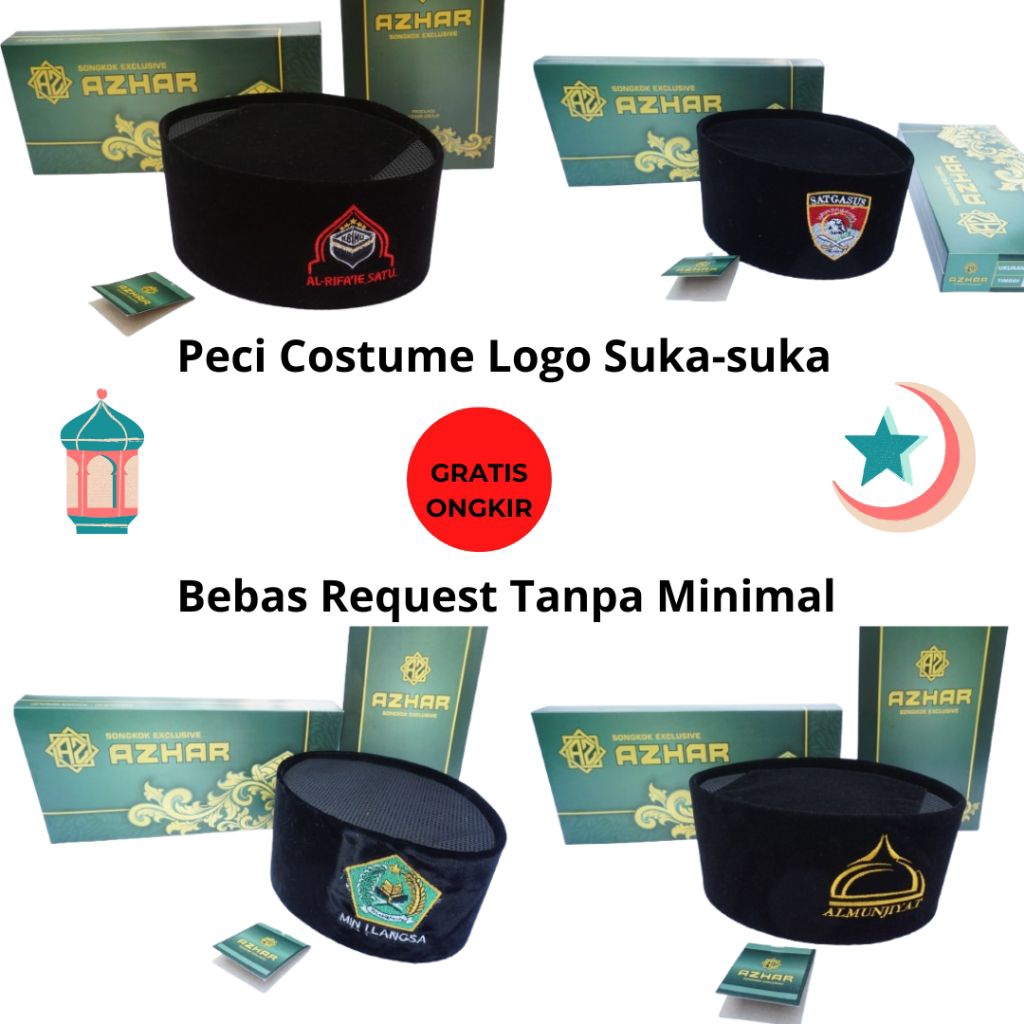 Peci Azhar Costume Bordir Logo Request Logo Suka Suka Peci Logo Pribadi Peci Custom Peci Seragam Pec