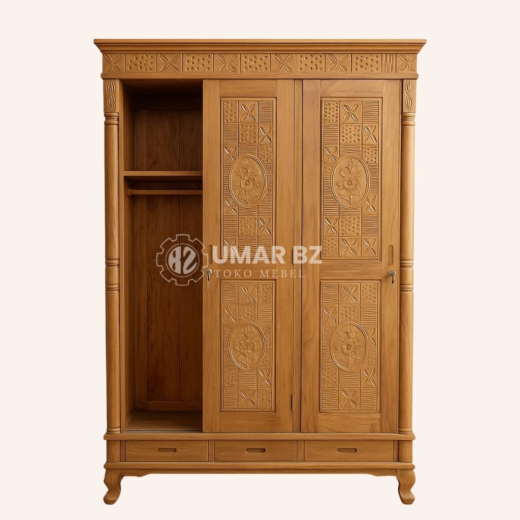 Lemari Pakaian Pintu Geser Ukiran Bunga