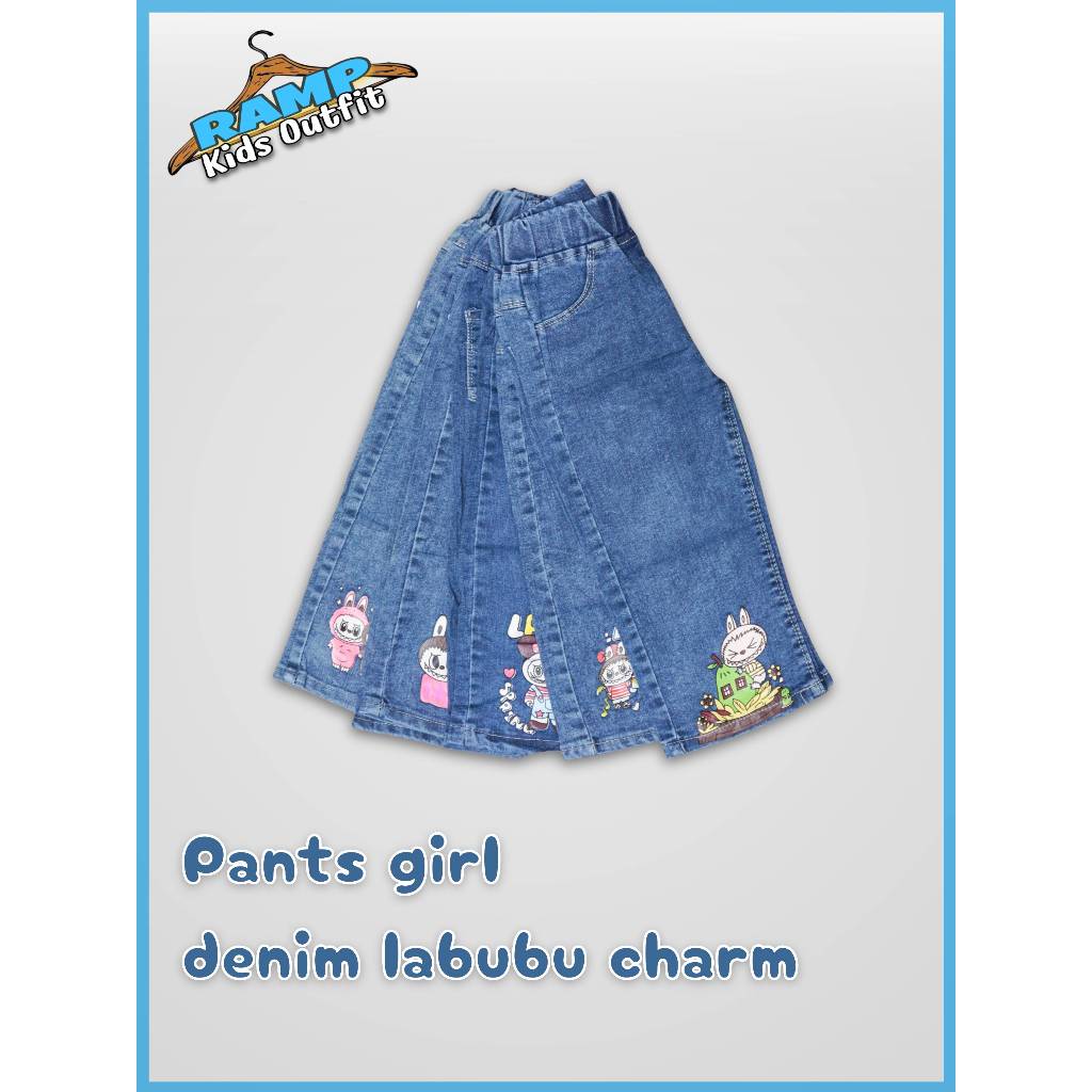 celana denim perempuan motif labubu | celana jeans motif labubu | Pants girl denim labubu charm ball