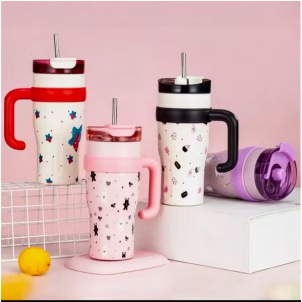 Tumbler stainless Tumbler gagang dengan dua cara minum + sedotan stainless 900 ml