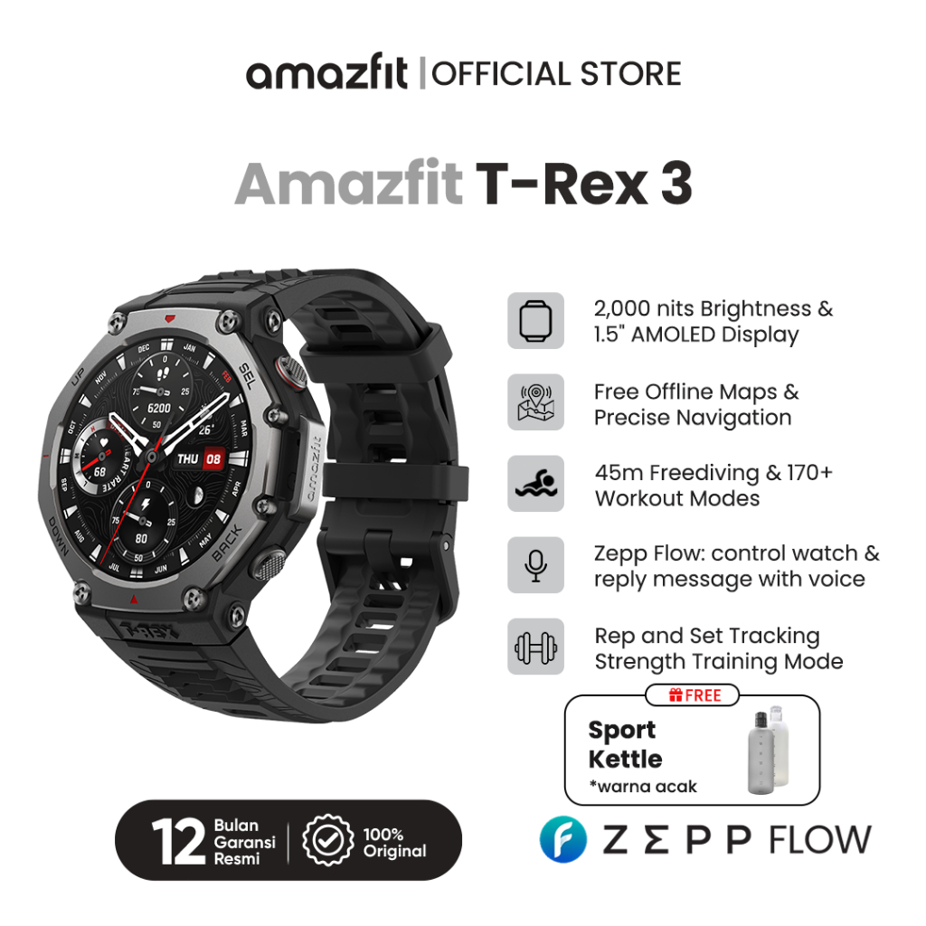 (Pilihan Resmigratis 3 hadiah)Amazfit  T-Rex 3 48mm |baterai 20 hari| 177 Sports Modes | Waterproof 