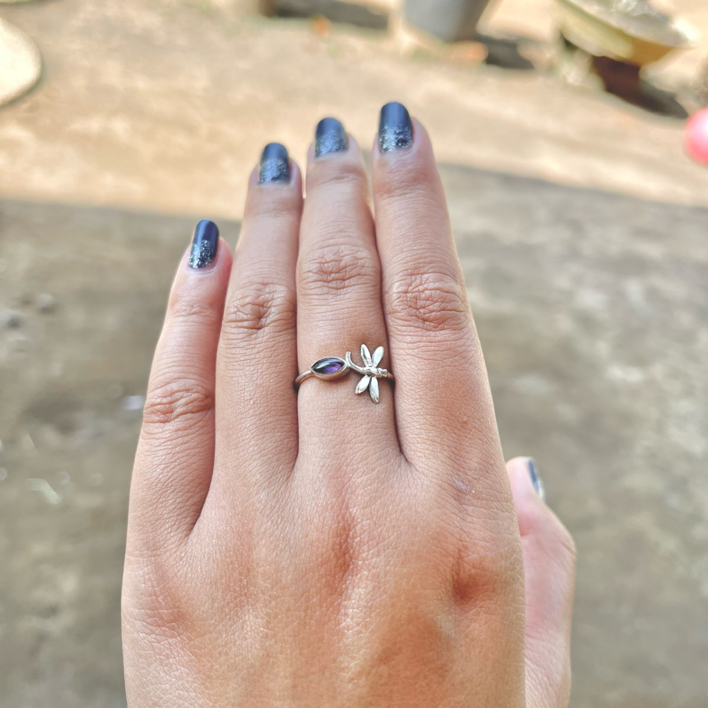 Cincin Rings Motif Kupu kupu Butterfly Perak 925 Batu Permata Garnet, Amethyst, Peridot Wanita Perem