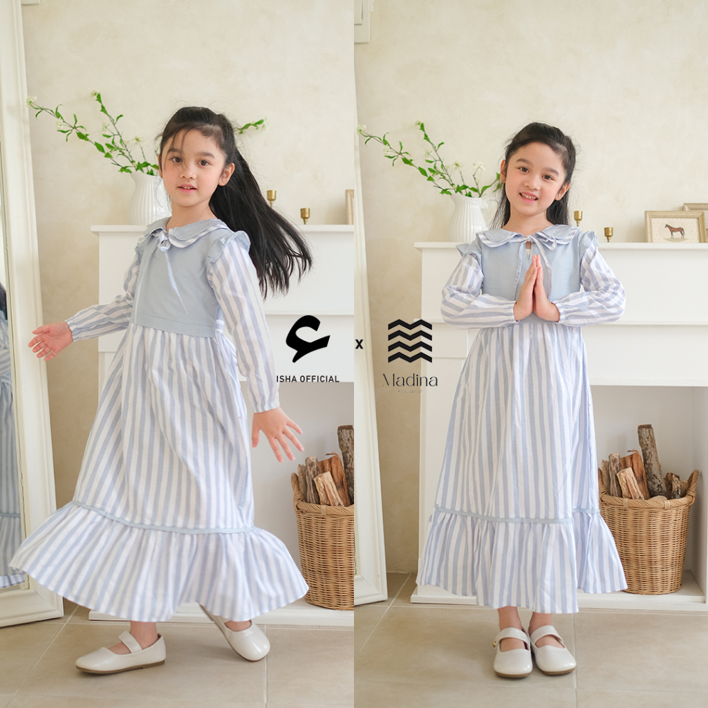 Madina Kids - Gamis anak perempuan 2-12 Tahun Lengan panjang motif salur Baju Dress Anak Garis-Garis
