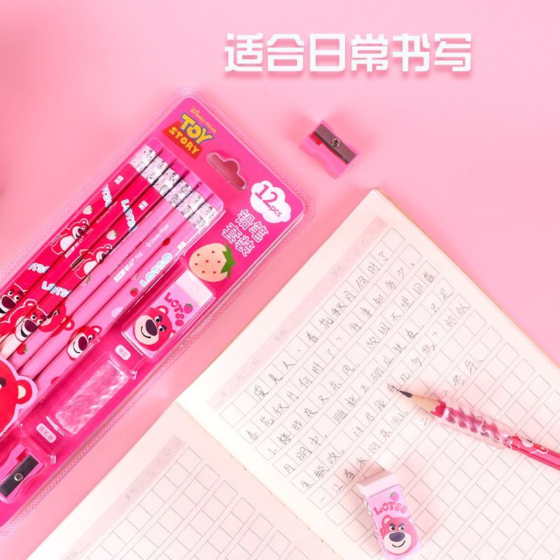 

Stationery set / set alat tulis pensil HB 12 pcs, penghapus, serutan, tutup pensil Karakter Lotso