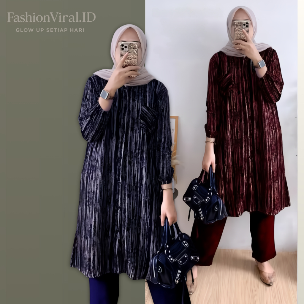 setelan wanita kekinian long tunik rayon premium Celana Cringkel kulot jumbo | one set wanita salur