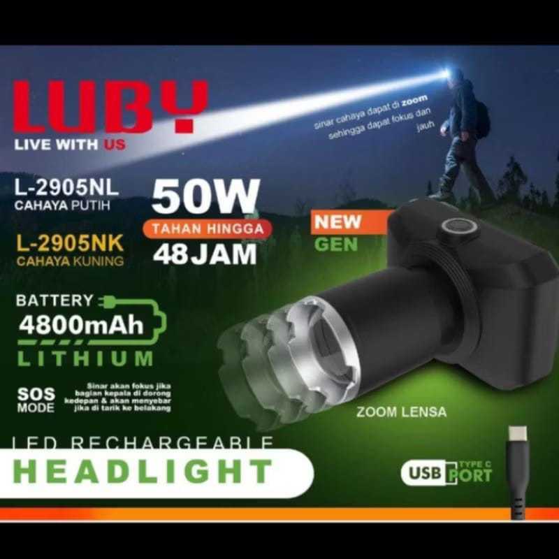 LUBY L-2905 Senter Kepala Zoom / LED Rechargeable Headlight 50 Watt - Cahaya Putih & Kuning