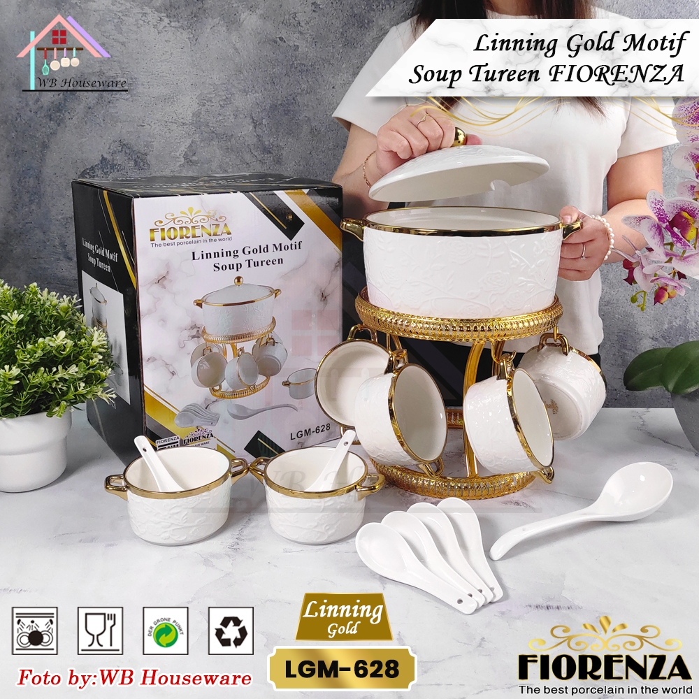 FIORENZA Mangkok Set Sop Keramik Motif Linning Gold LGM-628 / soup tureen keramik + sendok + mangkuk