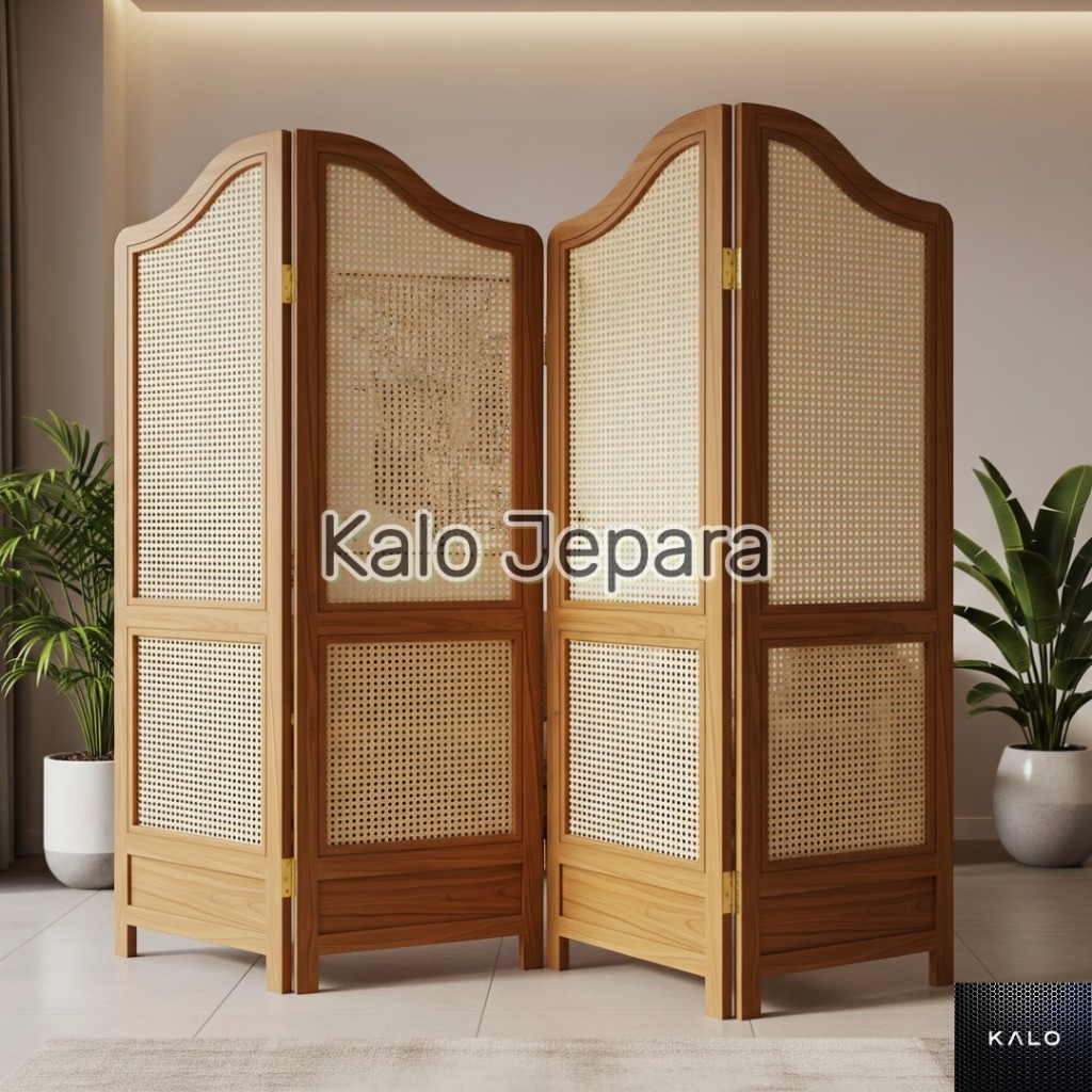 Partisi Ruangan Kayu Jati Minimalis 4 Pintu Rotan Estetik | Pembatas Ruang Tamu Lipat  | Kalo Jepara