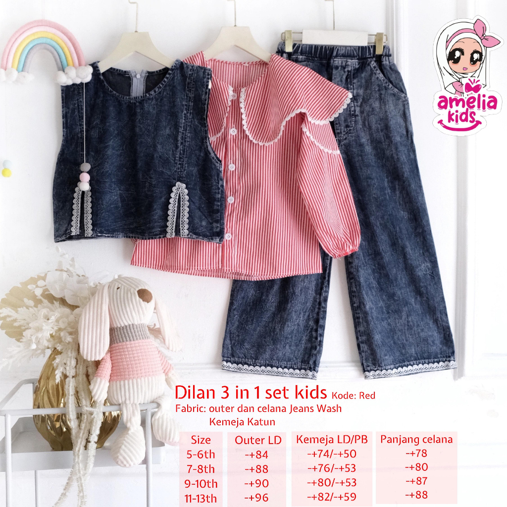 setelan jeans 3in1 anak perempuan 5-13 tahun dilan set ori amelia kids
