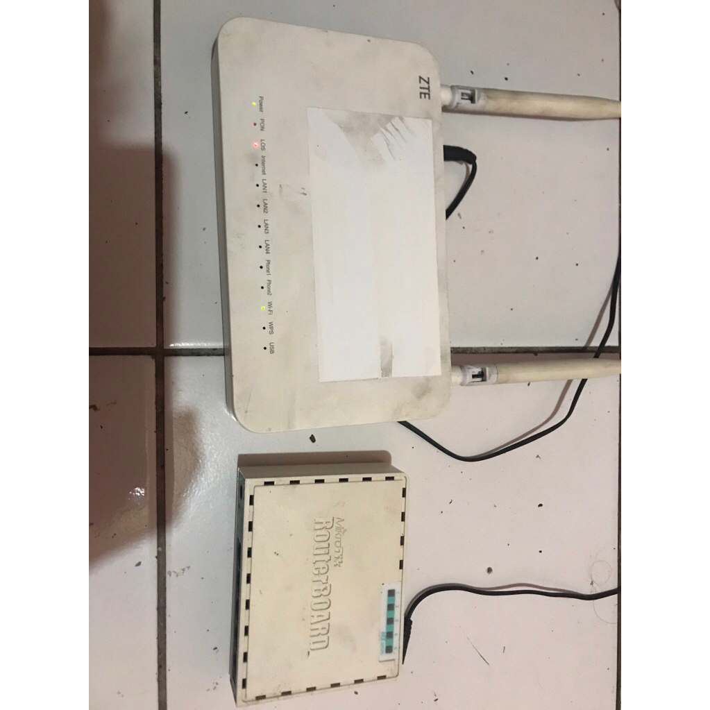 ROUTER ZTE ZXHN F609 + MICROTIK HEX SERIES RB750GR2 unit keduanya + adaptor
