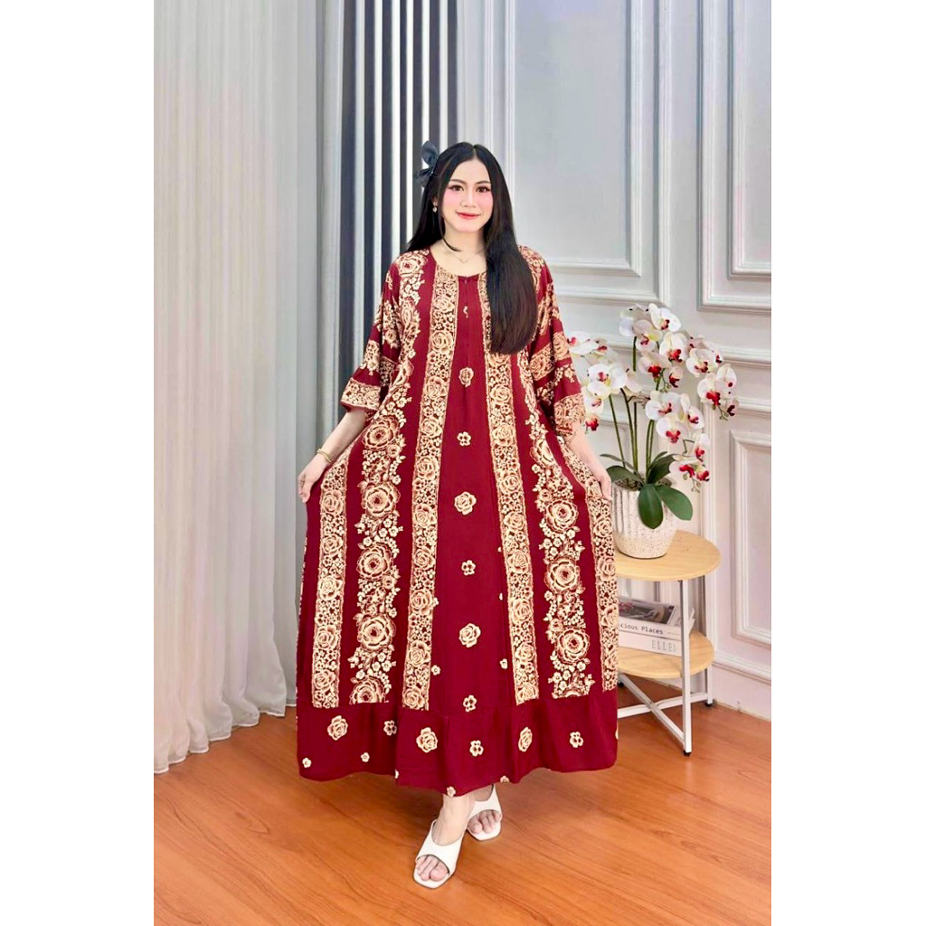 DRESS MAWAR RAYON SUPER JUMBO LD 130CM MOTIF MAWAR LENGAN 3/4 GROSIR DASTER JUMBO SANTAI WANITA