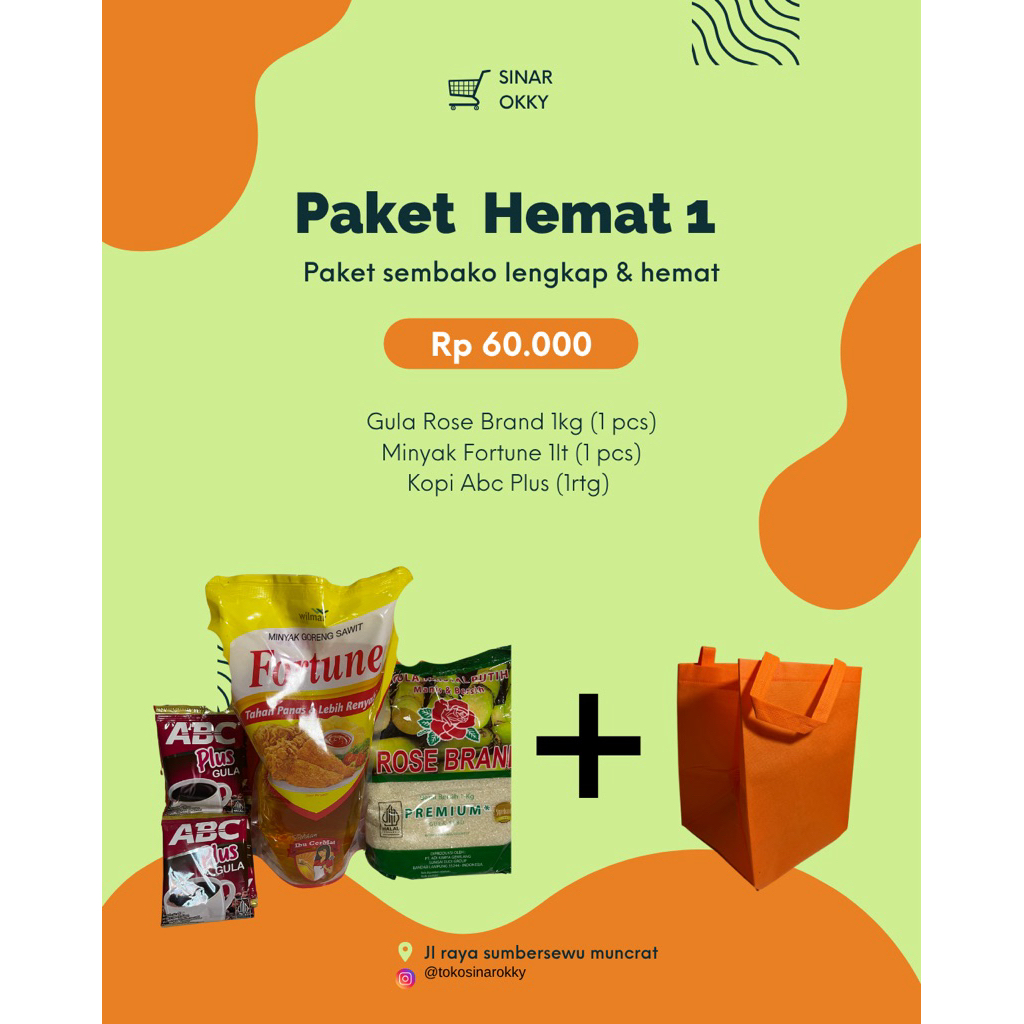 

Paket 1/Sembako hemat/belanja sepuasnya/Gula Rose Brand/Minyak Fortune/Kopi Abc Plus