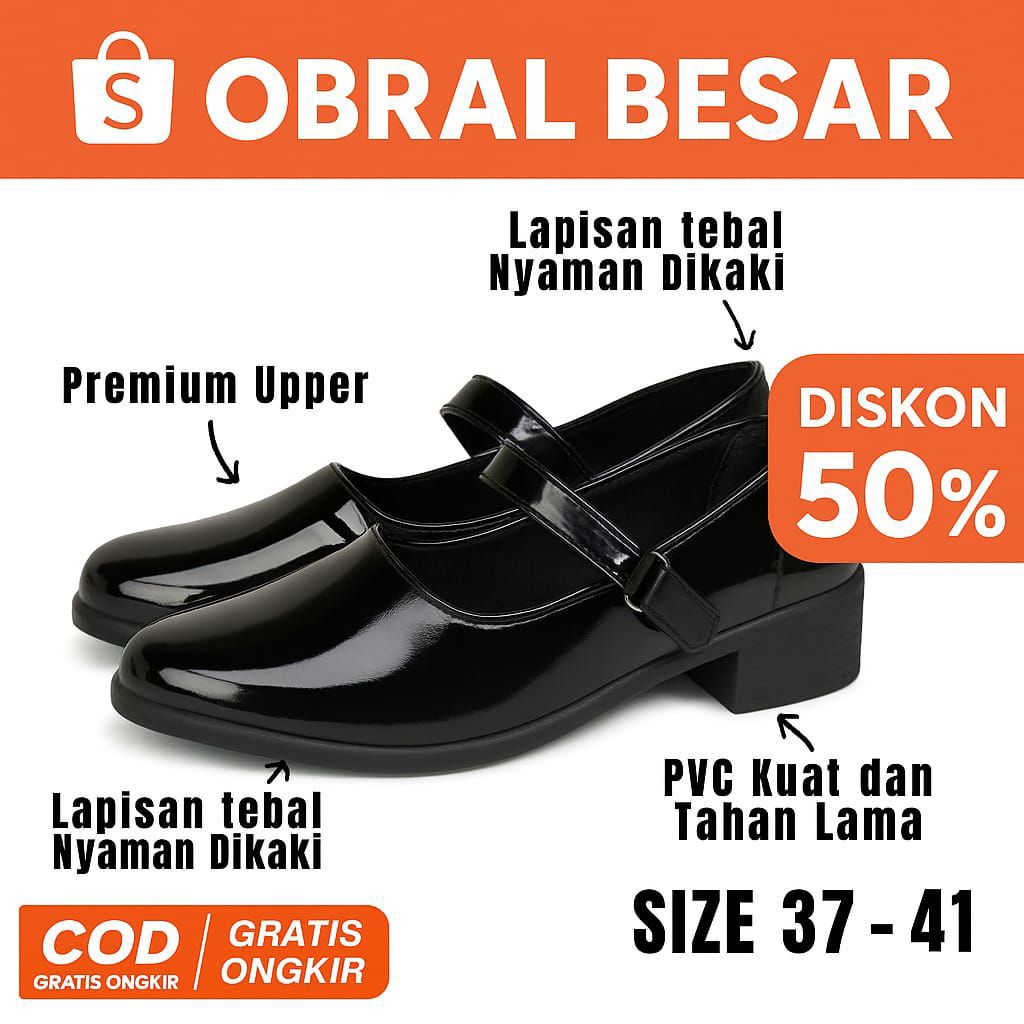 Sepatu Pantofel Paskibraka Hitam Glossy Hak 3 cm Paskibraka Paskib Wanita