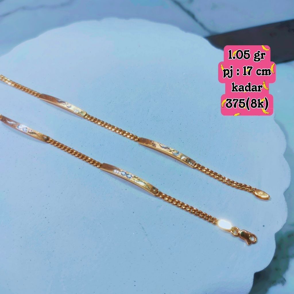 gelang tangan model rantai hollow+plat ukir emas kadar 375(8k)