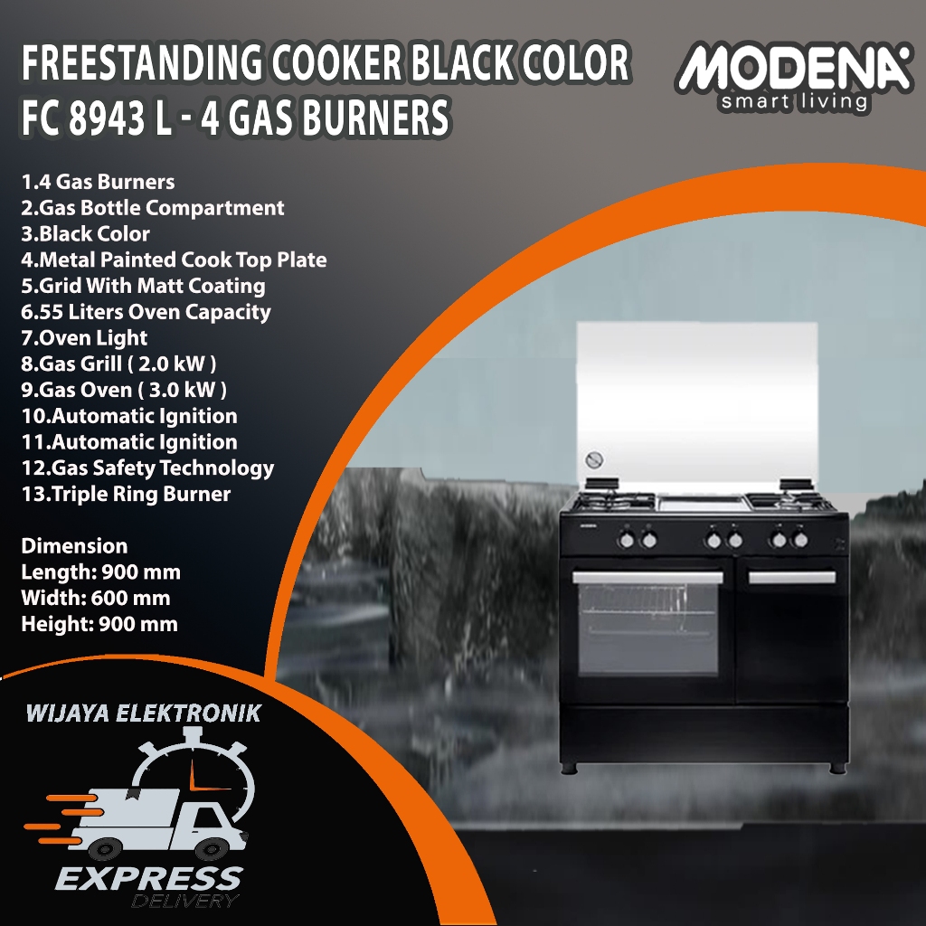 MODENA FC 8943 L - Freestanding Cooker 4 Burners 90cm Bergaransi Resmi / Kompor Freestanding Modena 