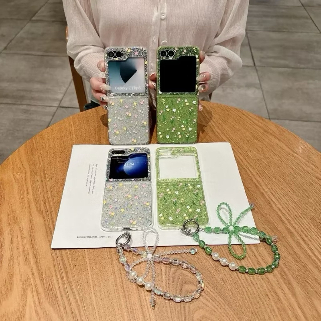 Korean Case Acrylic Glitter Flower Green Silver With Chain Pita Cantik For Case ZFlip 7 6 5 4 3 ZFli