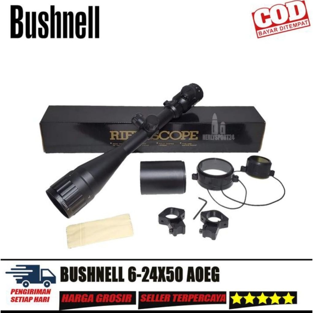 Teleskop Senapan Angin Busnel 6-24x50 AOL Riflescope + Mounting & Lens Cover Original
