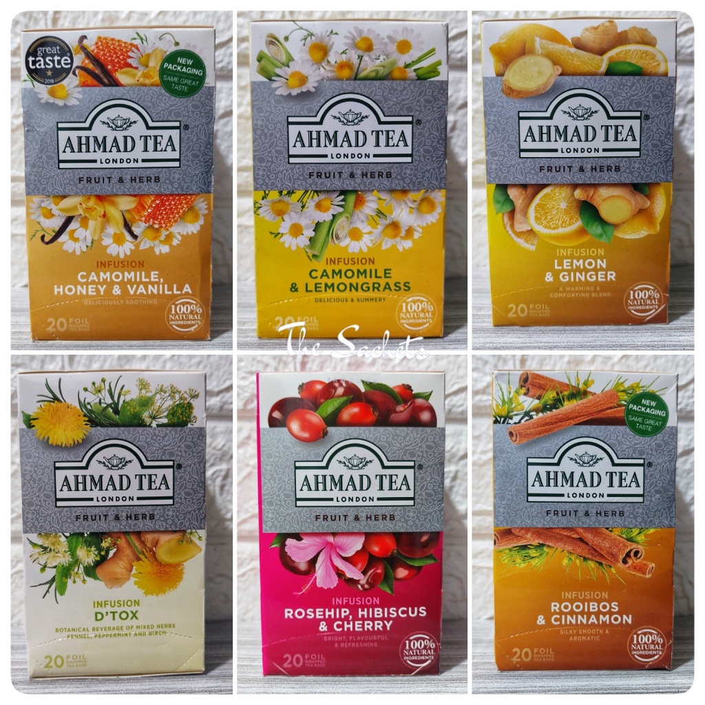 

Ahmad Tea London Fruit & Herb Infusion Series Sachet Camomile Honey Vanilla Peppermint Lemon Lemongrass Rosehip Cherry Hibiscus Berries Strawberry Lemon Ginger Citrus Winter Charm Rooibos Cinnamon Detox Blackcurrant