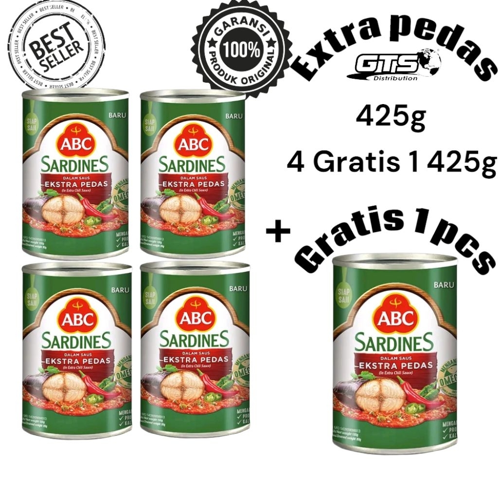 

Sarden ABC Extra Pedas 4 Gratis 1 ukuran jumbo 425g ikan pilihan berkualitas
