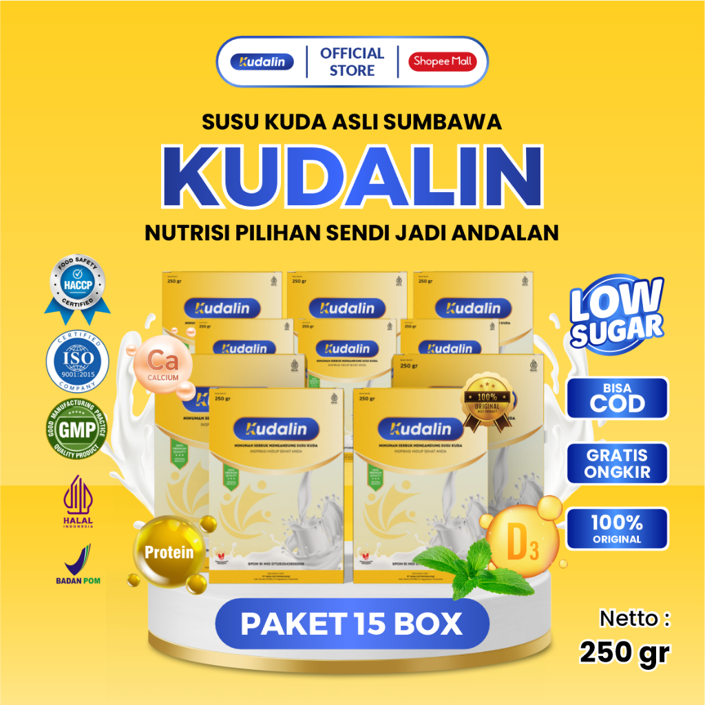 

Kudalin Susu Kuda Rasa Original dan Rendah Gula Berat 250 Gram Paket 15 BOX
