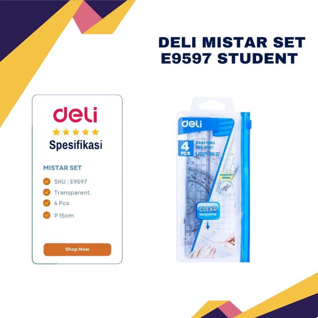 

Mistar set deli E9597 student isi 4 buah penggaris mistar 15cm, segitiga, siku, busur