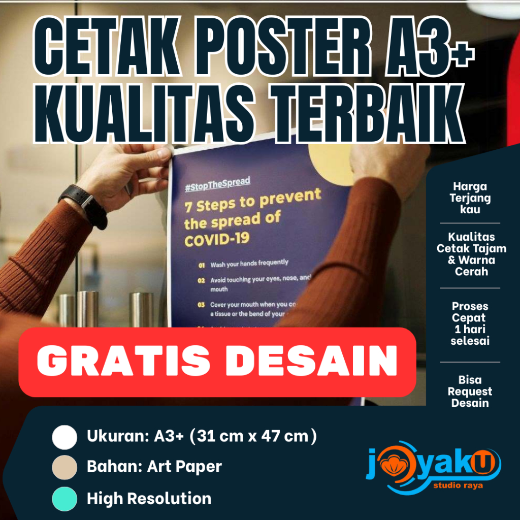 

Cetak Poster Gratis Desain Murah A3+, Art Paper 260 gsm, 1 Hari Jadi