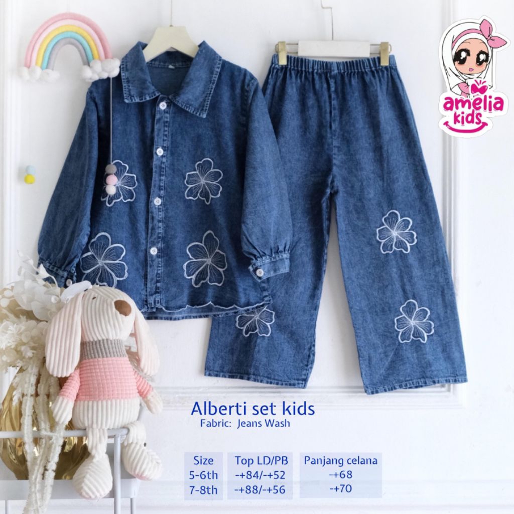 setelan jeans anak perempuan 5-8 tahun matt jeans original by amelia kids | alberti kupu panda set